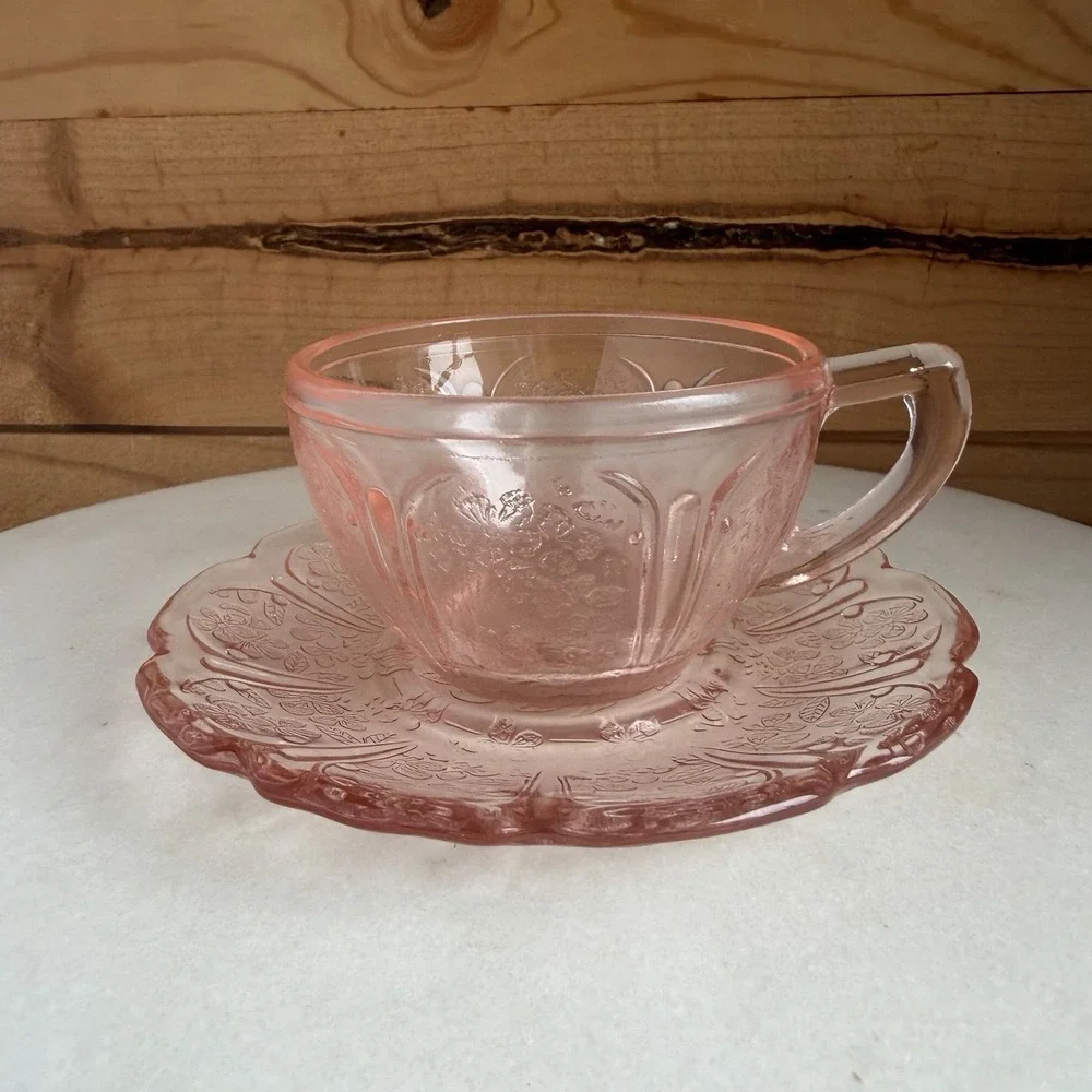Vtg Jeannette Glass Co. Pink Cherry Blossom Cup/Saucer Set Depression Glass EUC